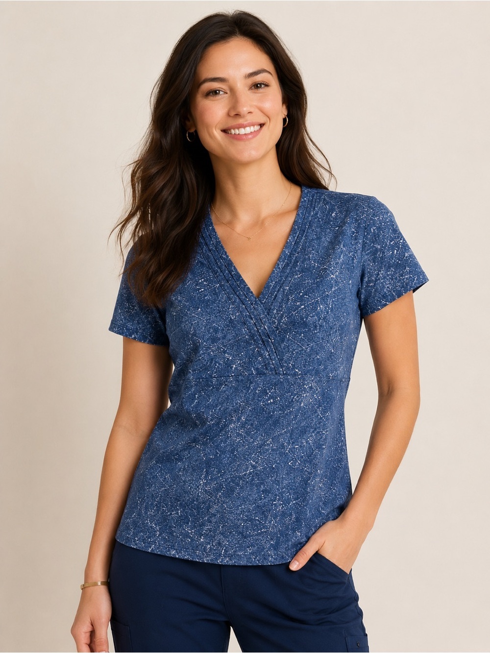 J. Jill Blue Printed V-Neck Short Sleeve Top 
Size Medium